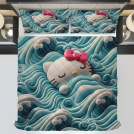 Hello Kitty bed set - Blue quilt set waves cute Kitty sleeping 3D high quality cotton quilt & pillowcase - Lusy Store LLC