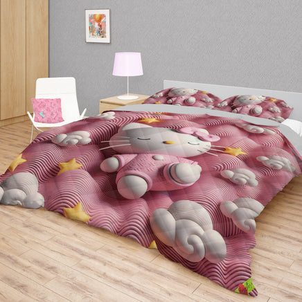 Hello Kitty bed set - Sweet quilt set pink waves cute Kitty sleeping 3D high quality cotton quilt & pillowcase - Lusy Store LLC