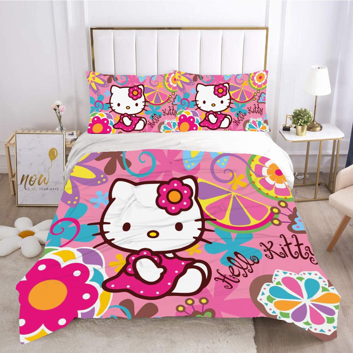 Hello Kitty Bed Set Floral Pattern Bed Linen and Quilt Set LS22859
