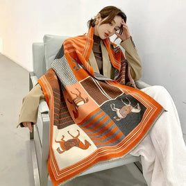 Luxury Female Scarf Collection featuring horse design cashmere feel scarf on display