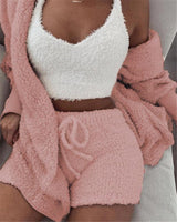 Lusy Store 3pcs Womens Clothing Long Sleeve Crop Tank Top And Drawstring Shorts Pajama Set Pajamas