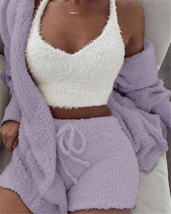 Lusy Store 3pcs Womens Clothing Long Sleeve Crop Tank Top And Drawstring Shorts Pajama Set Pajamas
