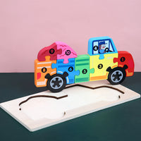 Children's Cartoon Number Animal Puzzle – Wooden 3D Fun Car