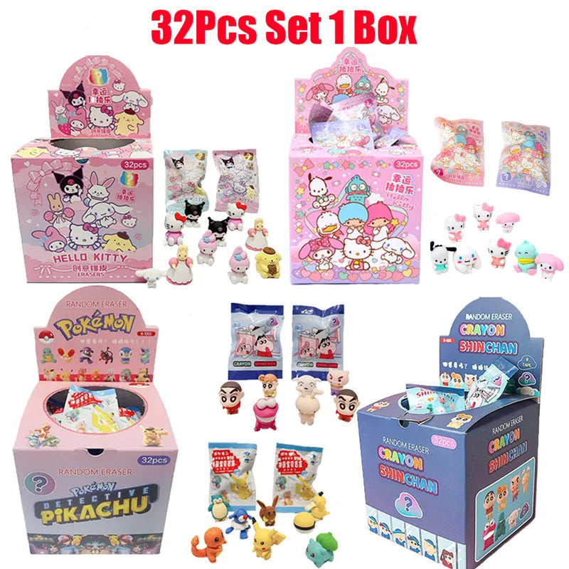 32Pcs Pokemon Figure Pencil Eraser Blind Box Hello Kitty Kuromi Melody Pikachu Student School Stationery Gifts - Lusy Store LLC 
