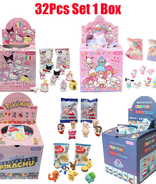 32Pcs Pokemon Figure Pencil Eraser Blind Box Hello Kitty Kuromi Melody Pikachu Student School Stationery Gifts - Lusy Store LLC 