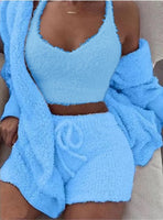 Lusy Store 3pcs Womens Clothing Long Sleeve Crop Tank Top And Drawstring Shorts Pajama Set Pajamas