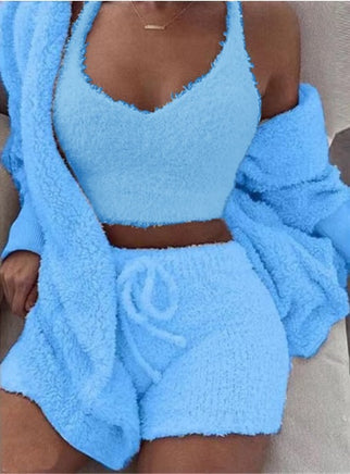 Lusy Store 3pcs Womens Clothing Long Sleeve Crop Tank Top And Drawstring Shorts Pajama Set Pajamas
