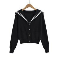 College style navy collar button knit cardigan Black