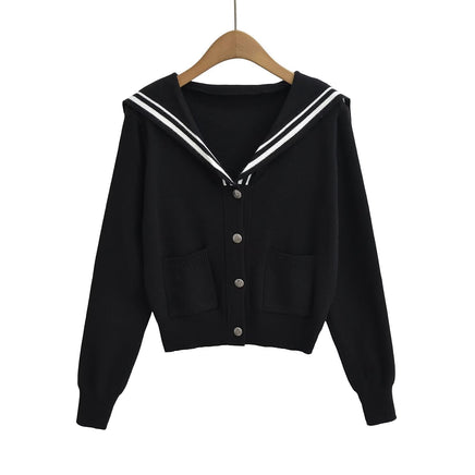 College style navy collar button knit cardigan Black
