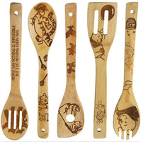 5 - Piece Kawaii Cartoon Kitchen Wooden Spatula Set featuring Anime Mickey Mouse, Stitch - Lusy Store LLC