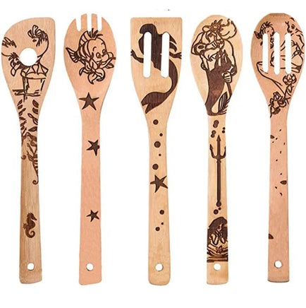 5 - Piece Kawaii Cartoon Kitchen Wooden Spatula Set featuring Anime Mickey Mouse, Stitch - Lusy Store LLC