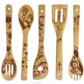 5 - Piece Kawaii Cartoon Kitchen Wooden Spatula Set featuring Anime Mickey Mouse, Stitch - Lusy Store LLC