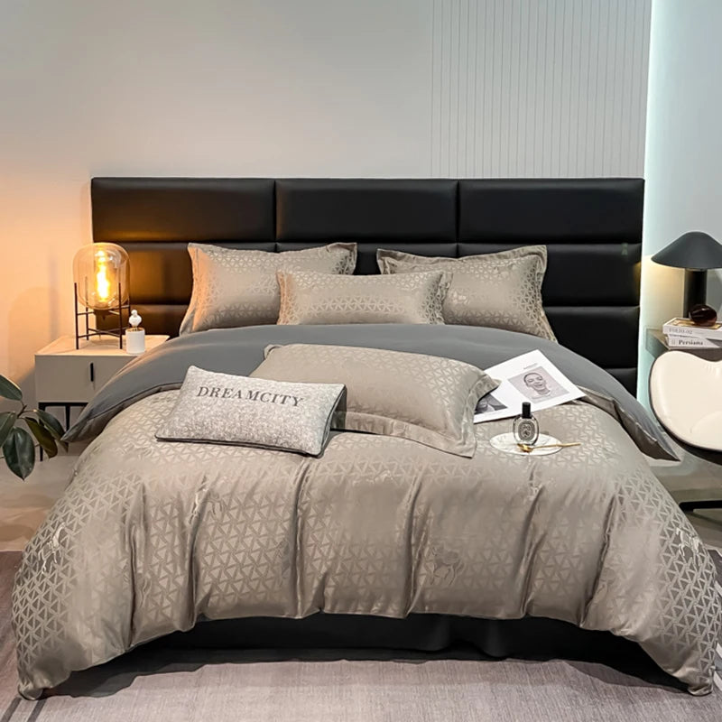 Lusy Store New high-quality embroidered tencel breathable and washable satin jacquard quilt cover 4-piece set for double bed universal for 