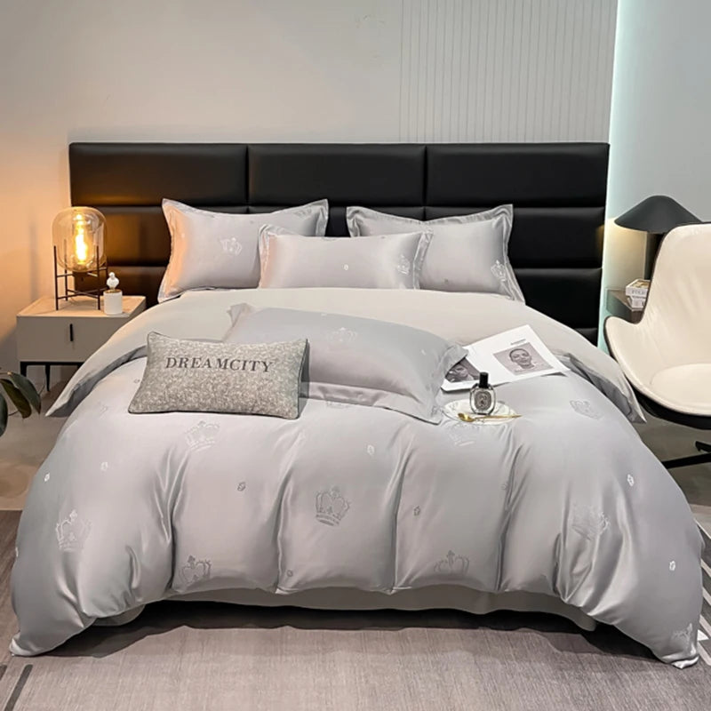 Lusy Store New high-quality embroidered tencel breathable and washable satin jacquard quilt cover 4-piece set for double bed universal for 
