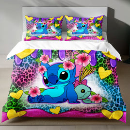 Lusy Store Stitch Bed Set - Lilo &amp; Stitch Bedding Set/Quilt Set - Cute Luxury Flower - Linen Duvet Cover and Pillowcase Bed Sheets