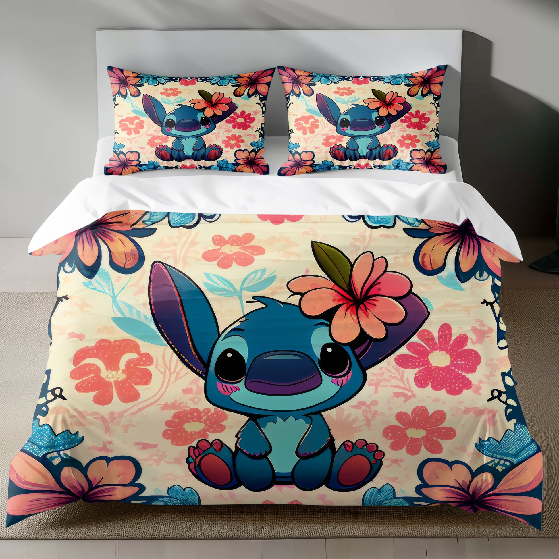 Lusy Store Stitch Bed Set - Lilo &amp; Stitch Bedding Set/Quilt Set - Cute Vintage Stitch - Linen Duvet Cover and Pillowcase Bed Sheets