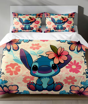 Lusy Store Stitch Bed Set - Lilo & Stitch Bedding Set/Quilt Set - Cute Vintage Stitch - Linen Duvet Cover and Pillowcase Bed Sheets