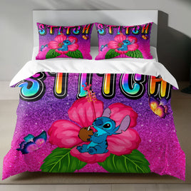Lusy Store Stitch Bed Set - Lilo &amp; Stitch Bedding Set/Quilt Set - Classic Luxury Flowers - Linen Duvet Cover and Pillowcase Bed Sheets