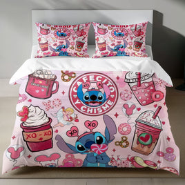 Lusy Store Stitch Bed Set - Lilo &amp; Stitch Bedding Set/Quilt Set - Cafe Stitch - Linen Duvet Cover and Pillowcase Bed Sheets