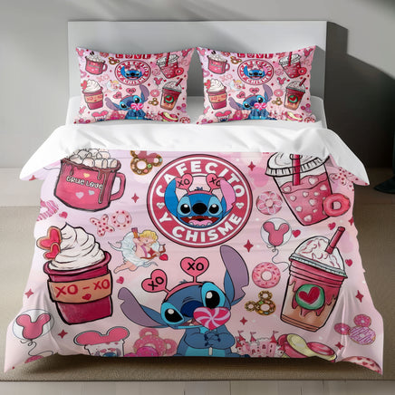Lusy Store Stitch Bed Set - Lilo &amp; Stitch Bedding Set/Quilt Set - Cafe Stitch - Linen Duvet Cover and Pillowcase Bed Sheets