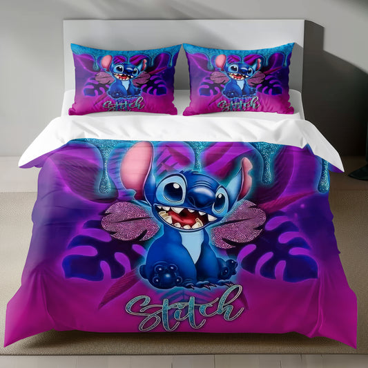 Lusy Store Stitch Bed Set - Lilo and Stitch Bedding Set/Quilt Set - Luxury Vintage Stitch - Linen Duvet Cover and Pillowcase Bed Sheets