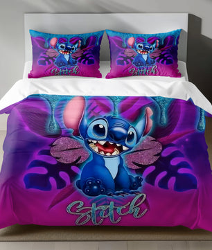 Lusy Store Stitch Bed Set - Lilo and Stitch Bedding Set/Quilt Set - Luxury Vintage Stitch - Linen Duvet Cover and Pillowcase Bed Sheets