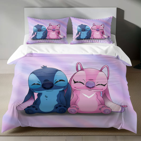 Lusy Store Stitch Bed Set - Lilo and Stitch Bedding Set/Quilt Set - Cute Angel and Stitch - Linen Duvet Cover and Pillowcase Bed Sheets