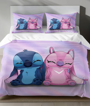 Lusy Store Stitch Bed Set - Lilo and Stitch Bedding Set/Quilt Set - Cute Angel and Stitch - Linen Duvet Cover and Pillowcase Bed Sheets