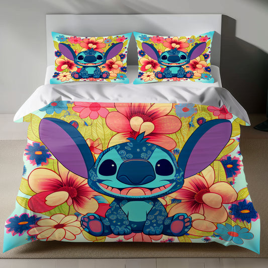 Lusy Store Stitch Bed Set - Lilo and Stitch Bedding Set/Quilt Set - Classic Flowers Cute Stitch - Linen Duvet Cover and Pillowcase Bed Sheets