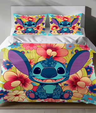 Lusy Store Stitch Bed Set - Lilo and Stitch Bedding Set/Quilt Set - Classic Flowers Cute Stitch - Linen Duvet Cover and Pillowcase Bed Sheets