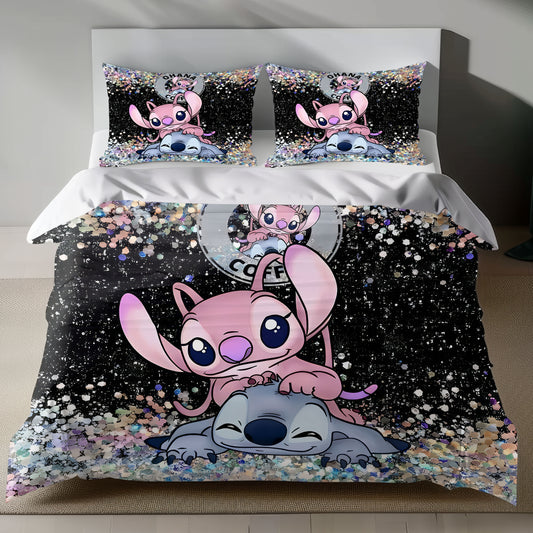 Lusy Store Stitch Bed Set - Lilo and Stitch Bedding Set/Quilt Set - Luxury Cute Angel and Stitch - Linen Duvet Cover and Pillowcase Bed Sheets