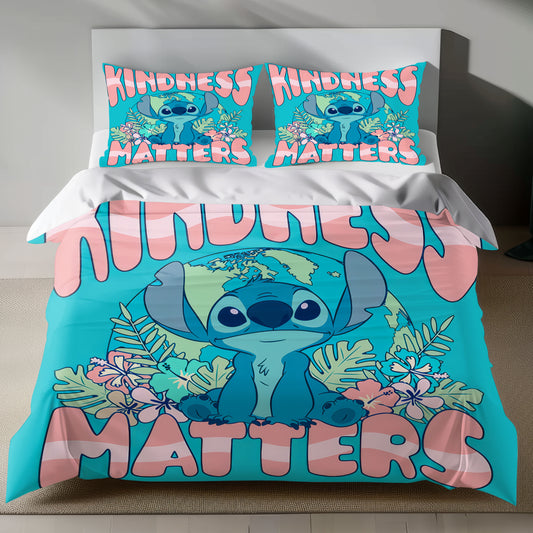 Lusy Store Stitch Bed Set - Lilo and Stitch Bedding Set/Quilt Set - Stitch Kindness Matter - Linen Duvet Cover and Pillowcase Bed Sheets
