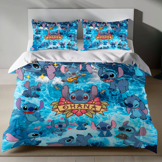 Lusy Store Stitch Bed Set - Lilo and Stitch Bedding Set/Quilt Set - Stitch on Cool Sea Water - Linen Duvet Cover and Pillowcase Bed Sheets