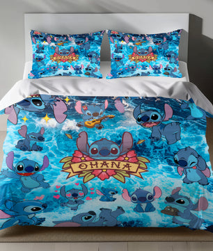 Lusy Store Stitch Bed Set - Lilo and Stitch Bedding Set/Quilt Set - Stitch on Cool Sea Water - Linen Duvet Cover and Pillowcase Bed Sheets
