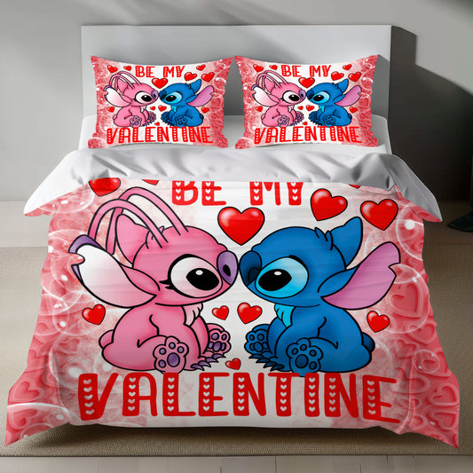 Lusy Store Stitch Bed Set - Lilo and Stitch Bedding Set/Quilt Set - Angel and Stitch Love Valentine - Linen Duvet Cover and Pillowcase Bed Sheets