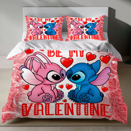 Lusy Store Stitch Bed Set - Lilo and Stitch Bedding Set/Quilt Set - Angel and Stitch Love Valentine - Linen Duvet Cover and Pillowcase Bed Sheets