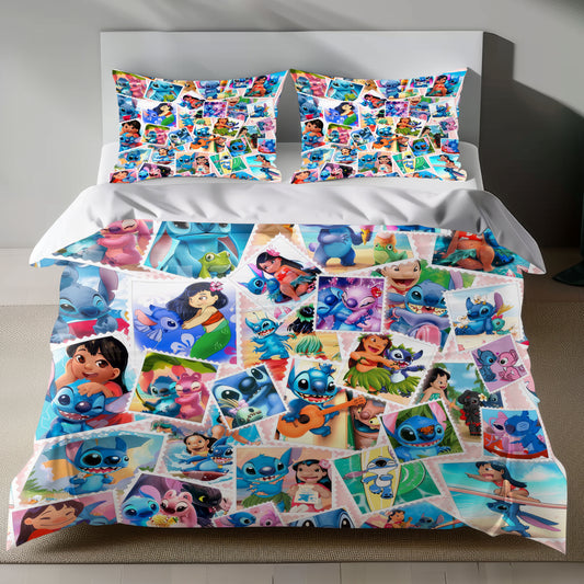 Lusy Store Stitch Bed Set - Lilo and Stitch Bedding Set/Quilt Set - Lovely Memories - Linen Duvet Cover and Pillowcase Bed Sheets