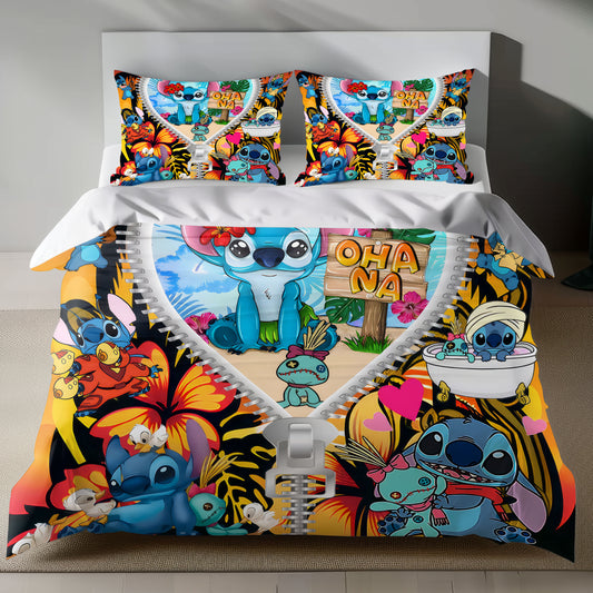 Lusy Store Stitch Bed Set - Lilo and Stitch Bedding Set/Quilt Set - Unique Pattern - Linen Duvet Cover and Pillowcase Bed Sheets