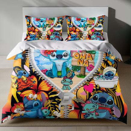Lusy Store Stitch Bed Set - Lilo and Stitch Bedding Set/Quilt Set - Unique Pattern - Linen Duvet Cover and Pillowcase Bed Sheets