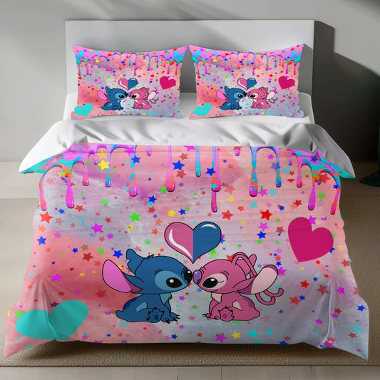 Lusy Store Stitch Bed Set - Lilo and Stitch Bedding Set/Quilt Set - Angel and Stitch Cute Adorable - Linen Duvet Cover and Pillowcase Bed Sheets