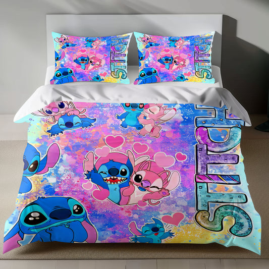 Lusy Store Stitch Bed Set - Lilo and Stitch Bedding Set/Quilt Set - Lovely Angel and Stitch - Linen Duvet Cover and Pillowcase Bed Sheets