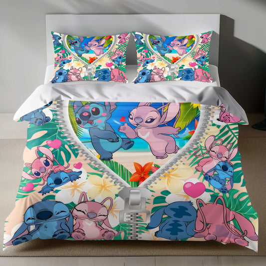 Lusy Store Stitch Bed Set - Lilo and Stitch Bedding Set/Quilt Set - Lovely Angel and Stitch - Linen Duvet Cover and Pillowcase Bed Sheets
