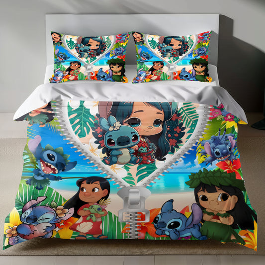 Lusy Store Stitch Bed Set - Lilo and Stitch Bedding Set/Quilt Set - Lovely Cute Stitch - Linen Duvet Cover and Pillowcase Bed Sheets