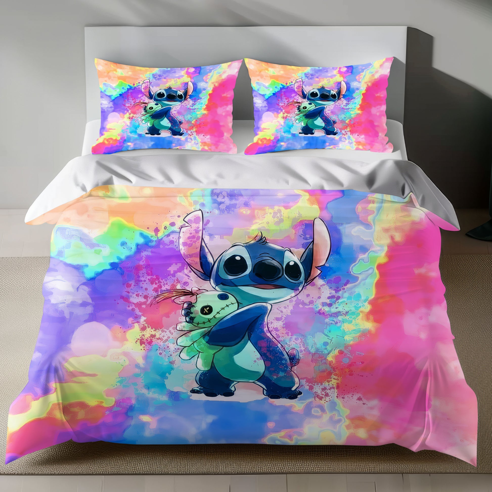 Lusy Store Stitch Bed Set - Lilo and Stitch Bedding Set/Quilt Set - Colorful Lovely Cute Stitch - Linen Duvet Cover and Pillowcase Bed Sheets