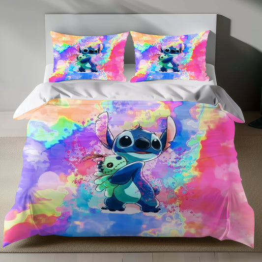Lusy Store Stitch Bed Set - Lilo and Stitch Bedding Set/Quilt Set - Colorful Lovely Cute Stitch - Linen Duvet Cover and Pillowcase Bed Sheets