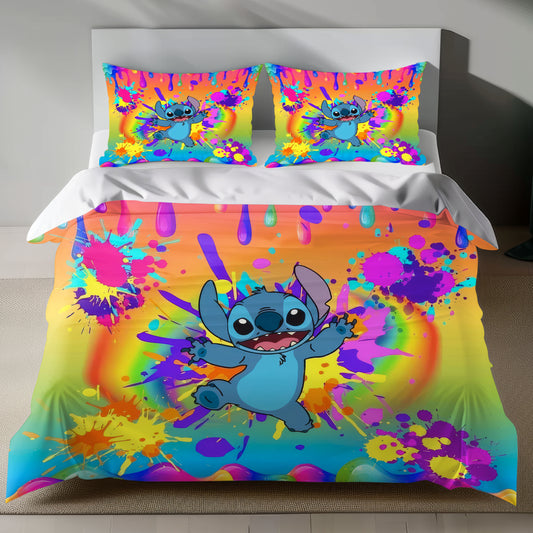 Lusy Store Stitch Bed Set - Lilo and Stitch Bedding Set/Quilt Set - Colorful Cute Stitch - Linen Duvet Cover and Pillowcase Bed Sheets