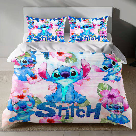Lusy Store Stitch Bed Set - Lilo and Stitch Bedding Set/Quilt Set - Spring Flower Pattern - Linen Duvet Cover and Pillowcase Bed Sheets