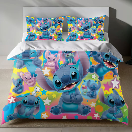Lusy Store Stitch Bed Set - Lilo and Stitch Bedding Set/Quilt Set - Cute Angel and Stitch - Linen Duvet Cover and Pillowcase Bed Sheets