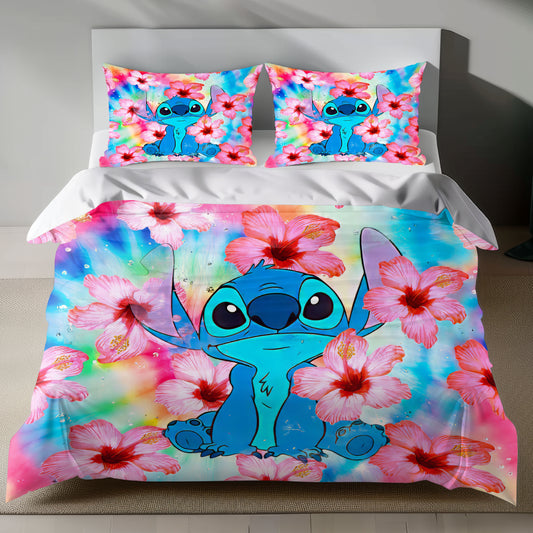 Lusy Store Stitch Bed Set - Lilo and Stitch Bedding Set/Quilt Set - Cute Stitch - Linen Duvet Cover and Pillowcase Bed Sheets