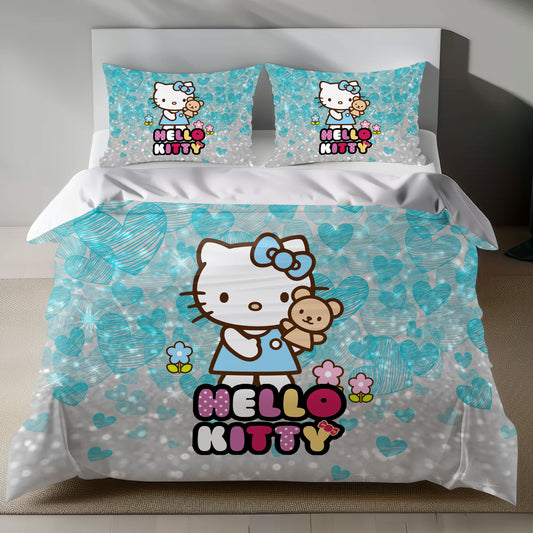 Lusy Store Hello Kitty Linen Bedding Set - Teddy Bear &amp; Hearts Design Bed Sheets